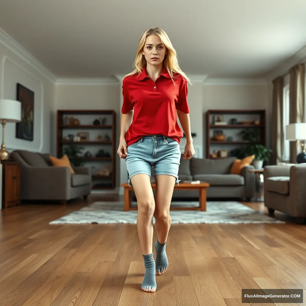 Front view of a blonde skinny woman in her early twenties, standing in her massive living room. She is wearing a massively oversized red polo t-shirt that is quite off-balance on one shoulder and untucked. She also has on light blue denim shorts, no shoes, and grey socks. She faces the camera with a worried expression and runs toward it with her arms straight down. - Image