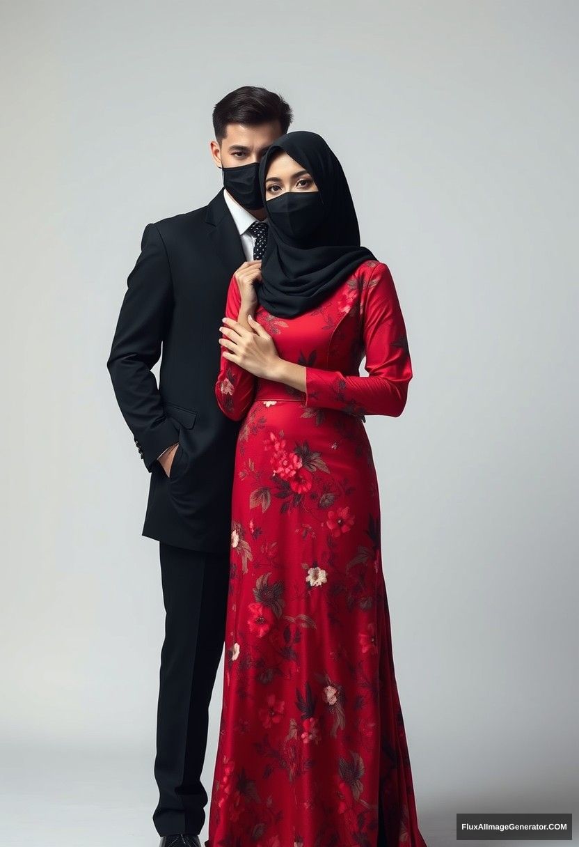 A biggest black hijab girl, beautiful eyes, face mask black, biggest red floral longest gown dress, not tall, standing beside him, love holding his arm,

Jamie Dornan body and face shot, handsome, youngest, face mask black, black coat suit, white shirt, black patterned tie, tall man, love standing near her,

Hyper realistic, studio photography, photorealistic.