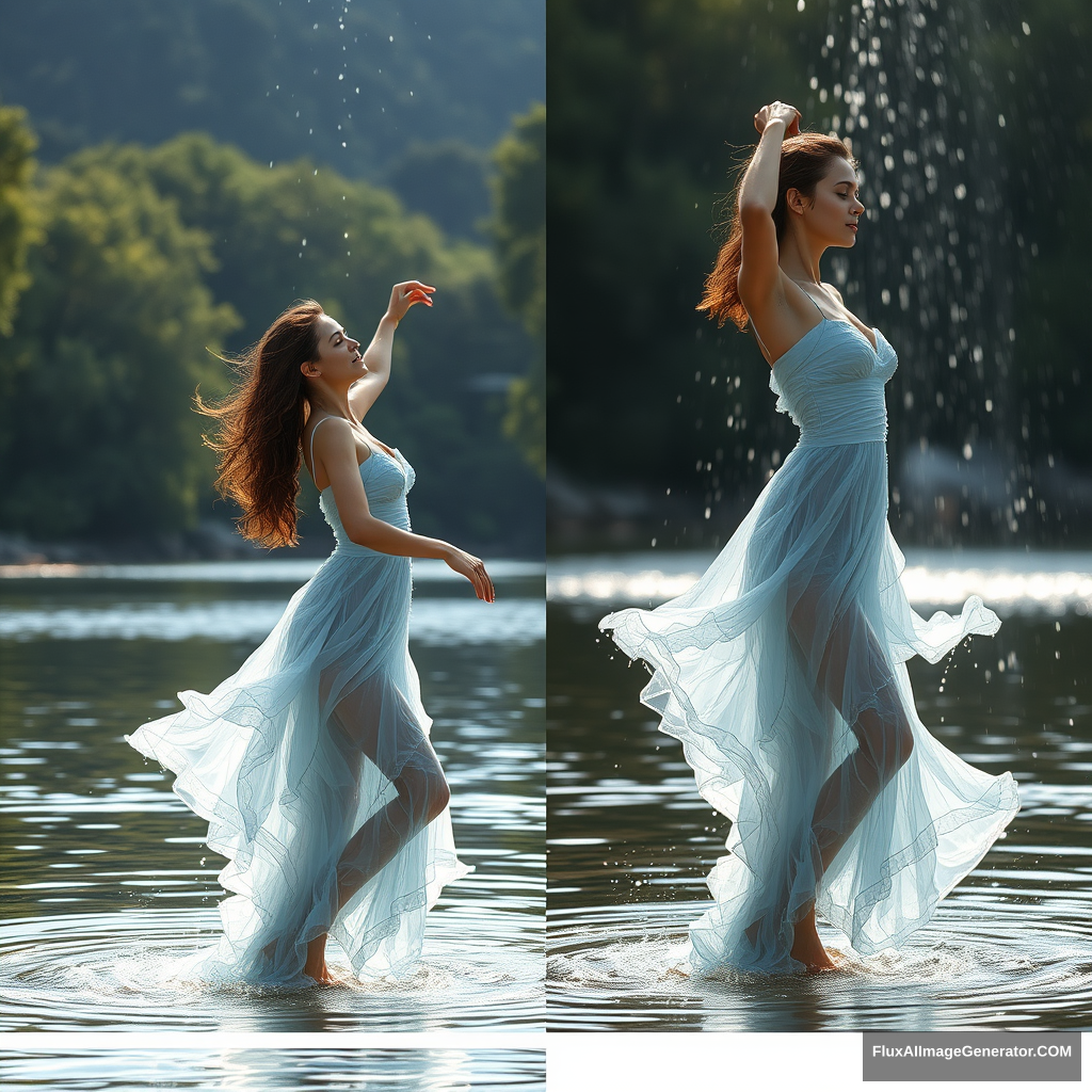 Riverside, dancing woman wearing a dress made of water, side view, full body view, strong light falls on her, water pours from the sky.