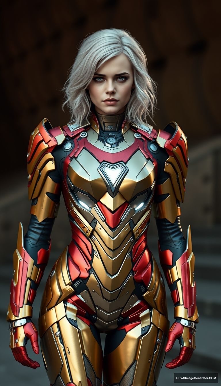 Emma Watson with platinum-colored hair wears Iron Man styled armor, red-gold metallic boots, huge breasts, 8K, Unreal Engine. - Image