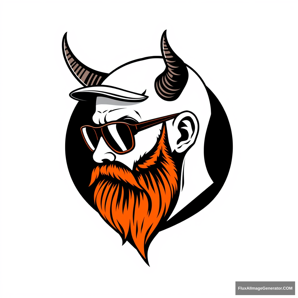 Sleek vector logo design: bald human male, three-quarter view, with demonic horns and short trimmed fiery ginger beard. Minimalist flat cap and aviator glasses. 3D printer layer lines texture. Monochromatic color scheme with bold negative space. Retro-futuristic feel, evoking 1980s cyberpunk aesthetics. - Image