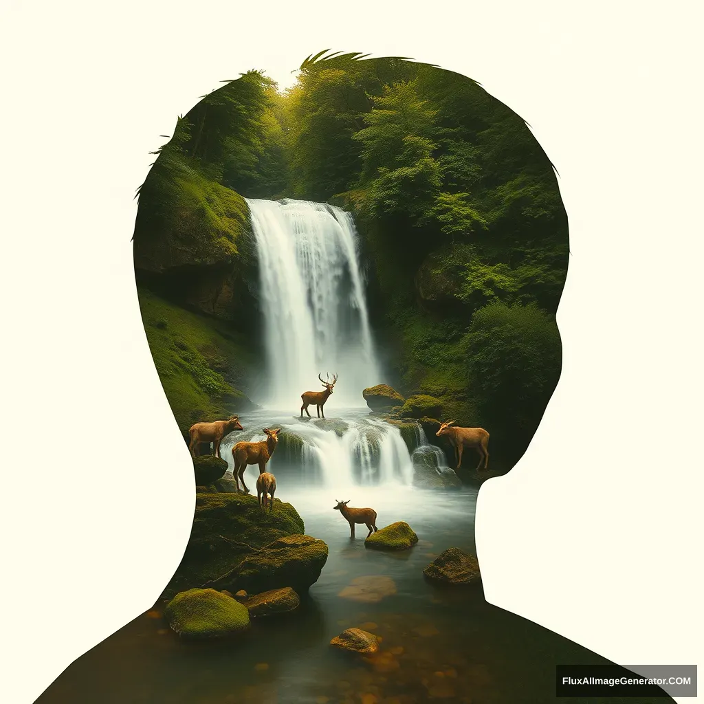 "An abstract style waterfall, wildlife, within the outline of a man's head; this is a double exposure photo. Non-figurative, colors and shapes, emotional expression, imaginative, very detailed."