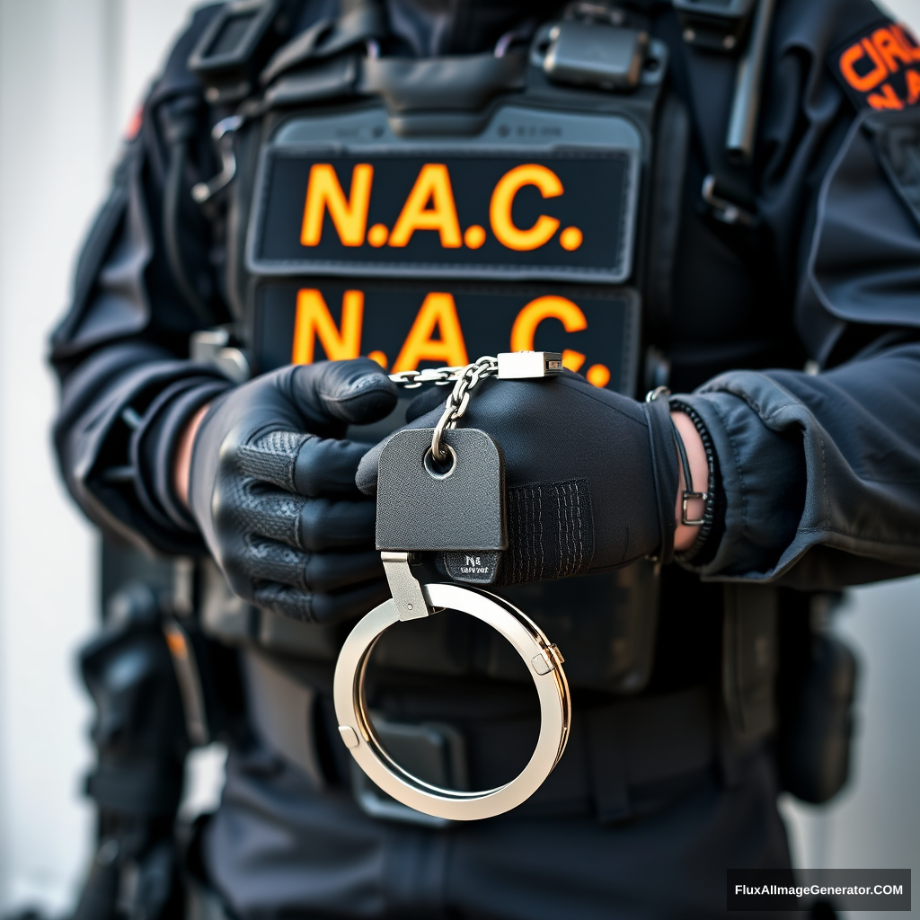 A soldier in black gear with a black and orange inscription N.A.C. on his vest is wearing steel handcuffs, a shot of his hands in gloves and handcuffs in front of him.