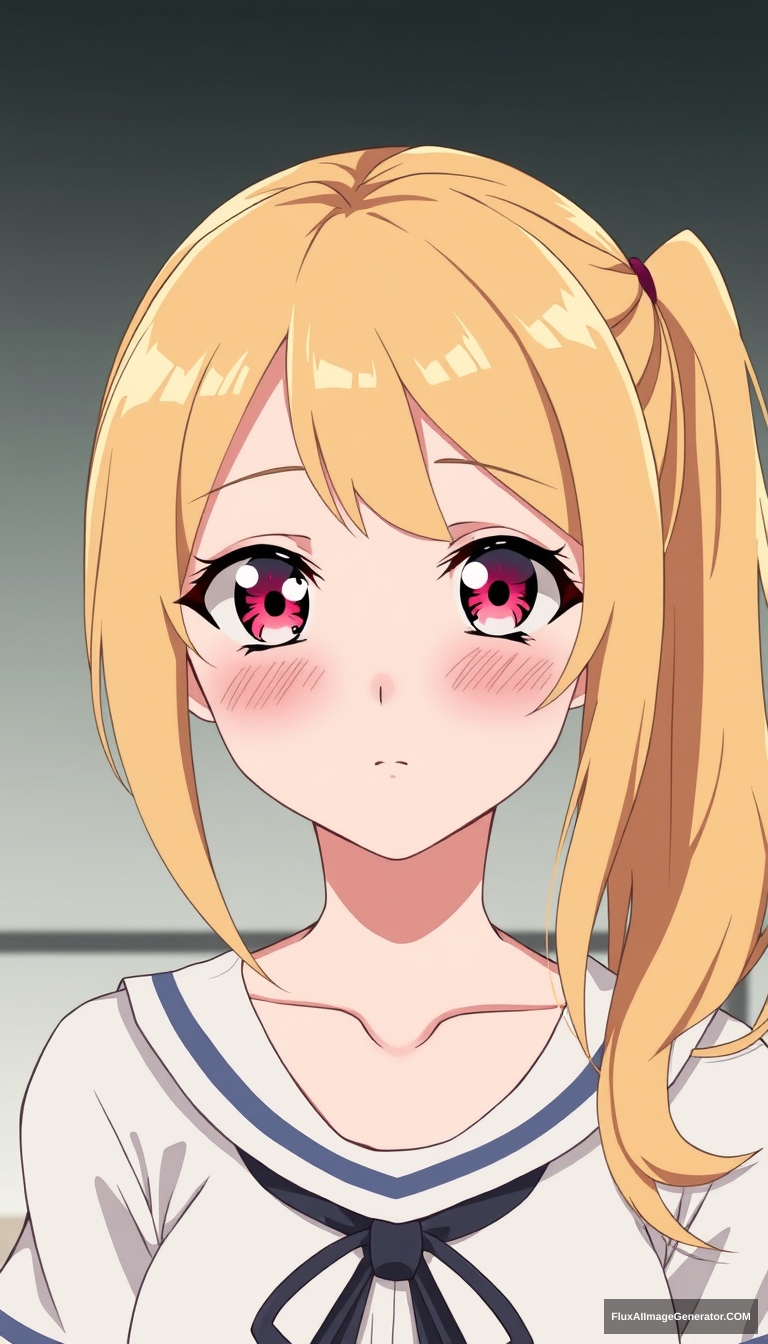 A beautiful young girl of average height with blonde hair that she ties in a side ponytail (similar to how her late mother Ai Hoshino did) and possesses pink-ruby colored eyes, with a six-star in her left eye like her late mother. In anime style. She has a star only in her right eye. High quality. - Image