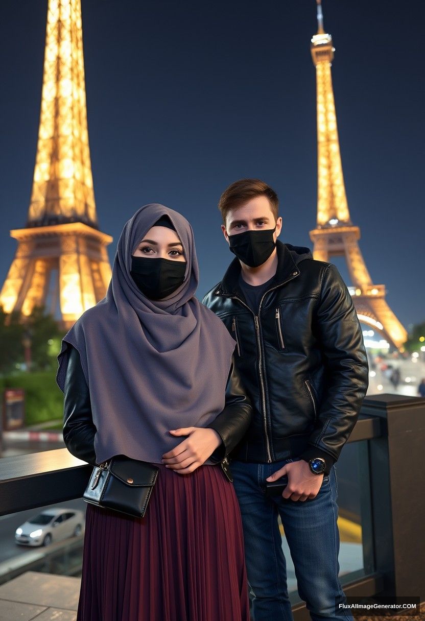 Biggest grey hijab Muslim girl, beautiful eyes, black face mask, leather jacket, biggest longest skirt, standing near Eiffel Tower, dating love with Jamie Dornan, tall, college jacket, jeans, black face mask, night scenery, hyper-realistic, photorealistic, selfie.