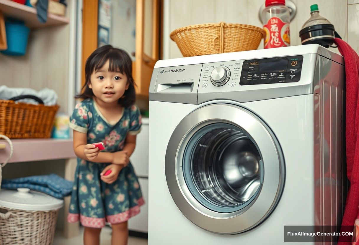 Washing machine, Chinese girl, home environment, product photography.