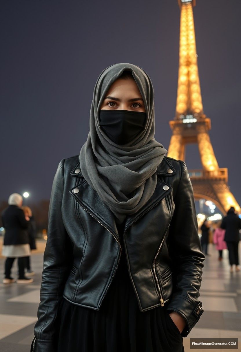 Biggest grey hijab Muslim girl, beautiful eyes, face mask black, leather jacket, biggest longest skirt, standing near Eiffel Tower, night scenery, strangers back, hyper realistic, photorealistic, selfie, full photography. - Image