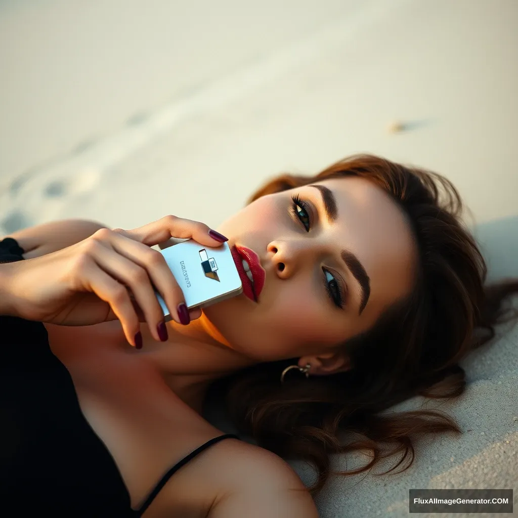 A beauty lying on the beach, holding a silver cigarette case in her hand, product image - 16:9. - Image