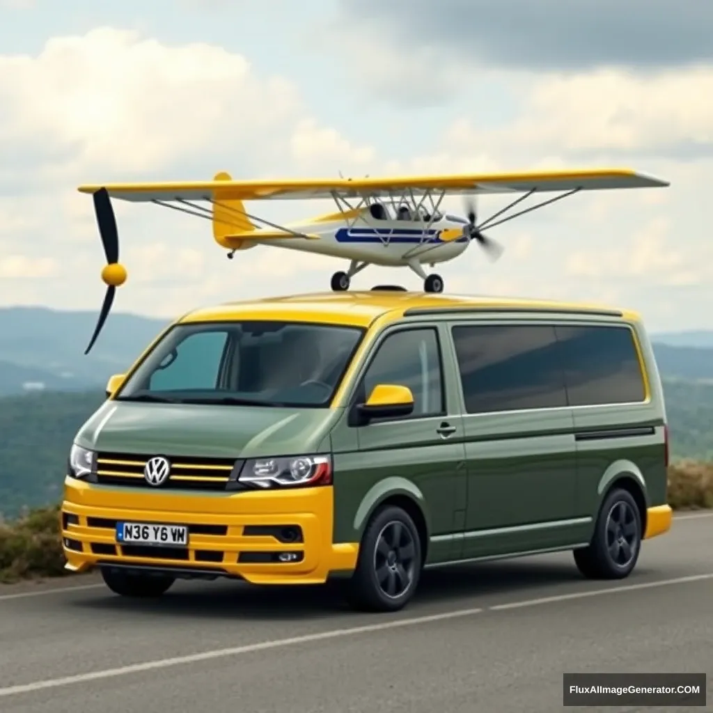 'Mixture of small biplane with VW T5 Multivan, yellow' - Image