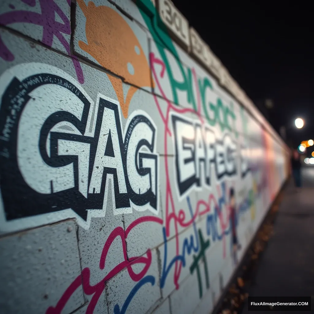 Graffiti on the Berlin wall with the text "GAG Effect Card". Low angle low depth of field, high quality, photorealistic, neon lighting, wide angle.