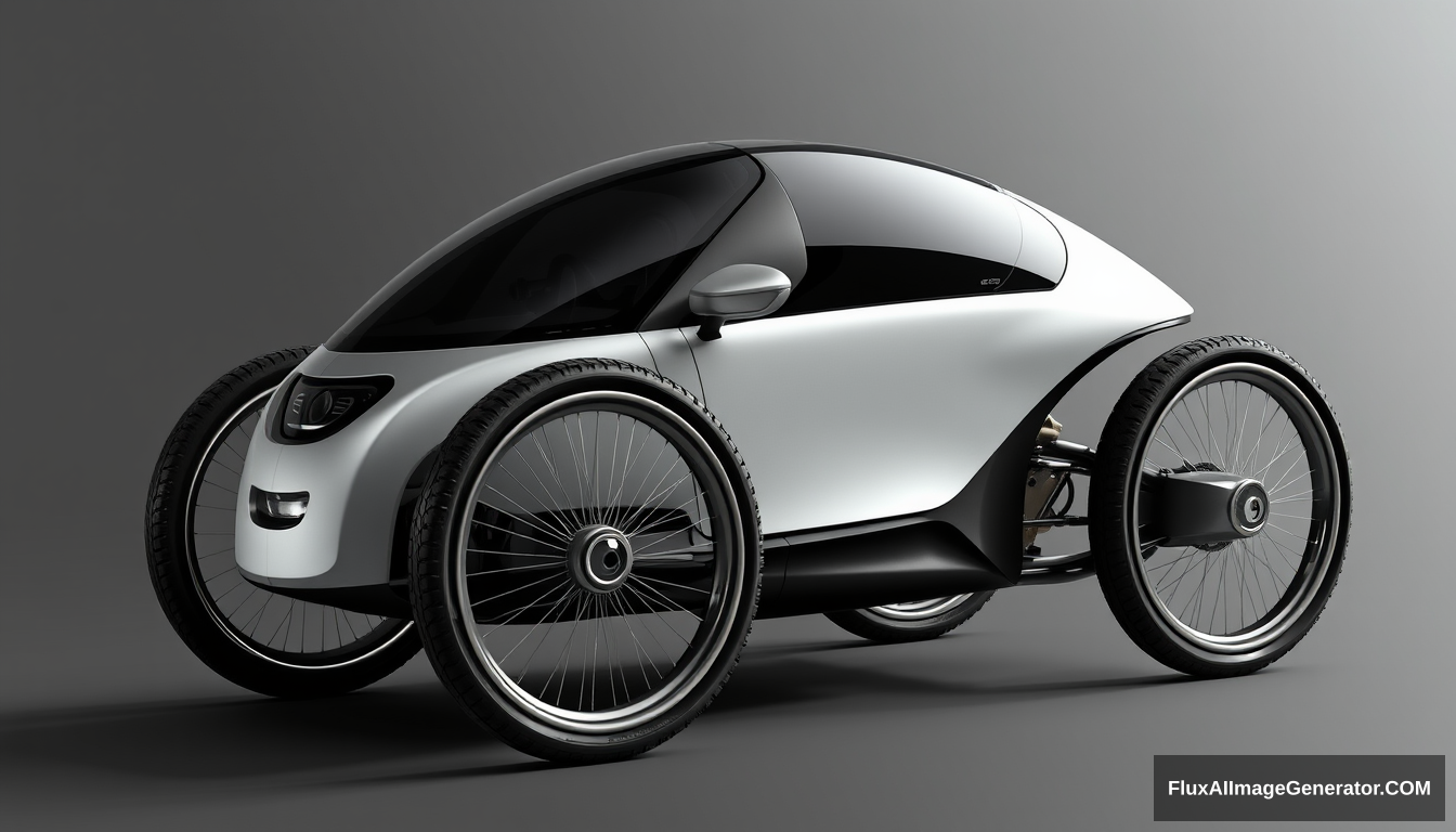 3-wheeled concept car, 2 wheels in front, (only) 1 in back, 4k, wide bicycle wheels, detailed.