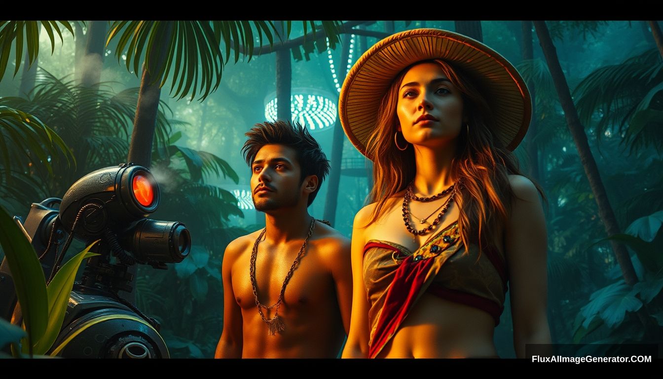 A male and female go on a spiritual quest in the Amazon Jungle and have a psychedelic experience by smoking mushrooms. They journey to the center of the jungle and find a futuristic city that has robots selling cigarettes. - Image