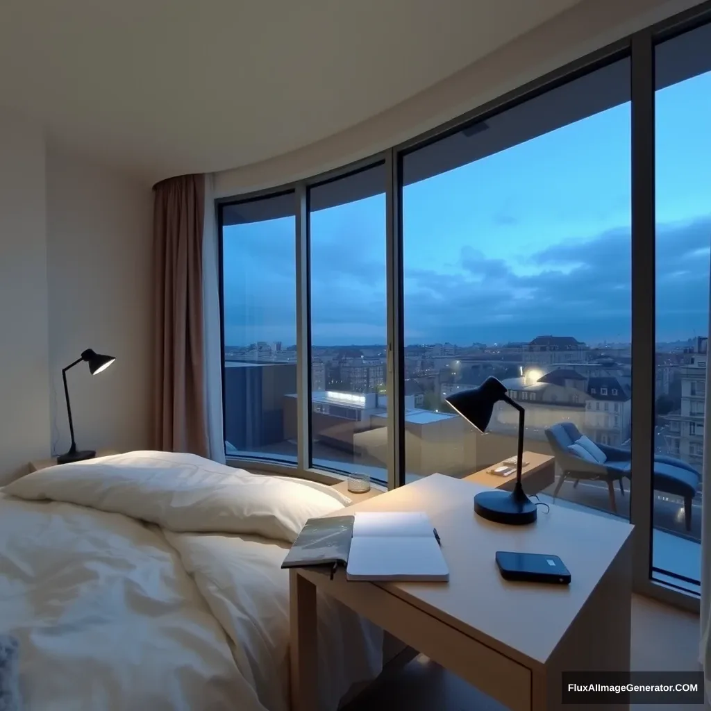 Modern Bedroom apartment, big glass window, midnight in France, a study lamp lighting, a notebook and phone on a study desk.