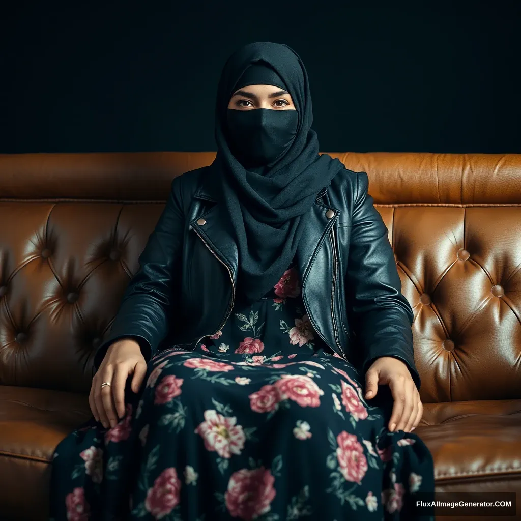 A biggest black hijab girl, burqa, black leather jacket, biggest floral long dress, sitting on leather sofa, hyper realistic, studio photography. - Image