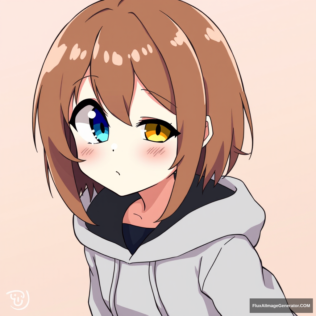 One anime girl with a blue left eye and a yellow right eye, and brown hair. She has a cute appearance and is short, wearing a gray hoodie with a black skirt.