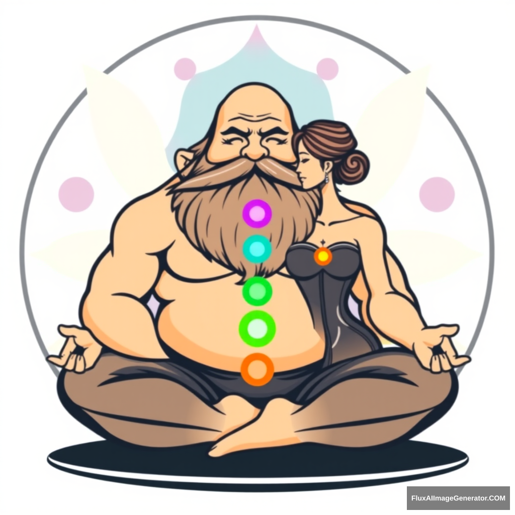 Yoga Center logo: a muscular, large bald dwarf with a beard in the lotus position exchanges energies from the chakras with a woman. - Image