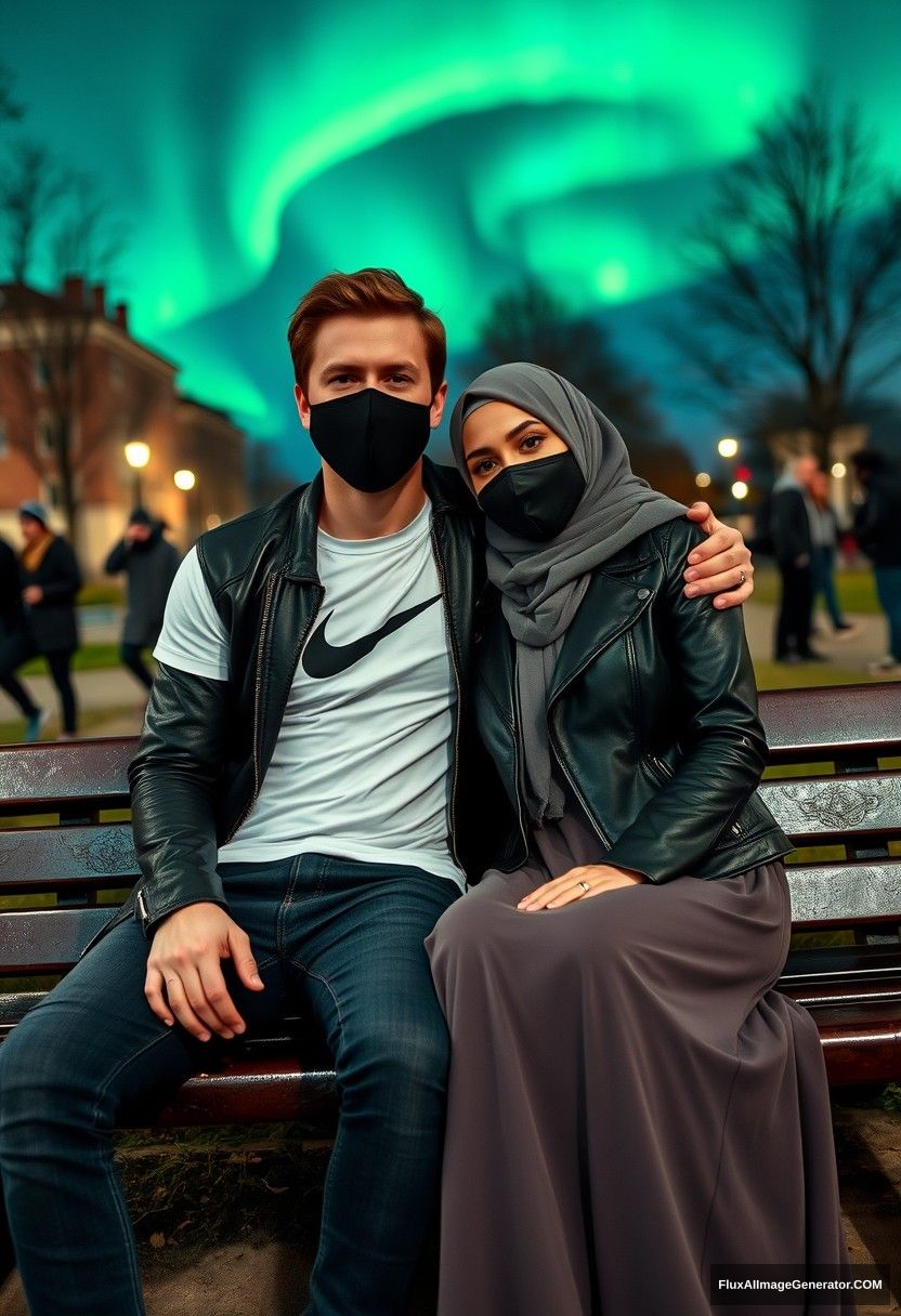 Jamie Dornan, tall and young, wearing a black face mask, a white Nike T-shirt, and jeans, is on a romantic date with a Muslim girl in a grey hijab, who has beautiful eyes, a black face mask, and a leather jacket, along with a very long and large skirt. She is not very tall. They are sitting together on a park bench, leaning on each other's shoulders, in town, with strangers in the background. The scene is photorealistic, capturing a selfie photo at night with the aurora borealis in the background. - Image