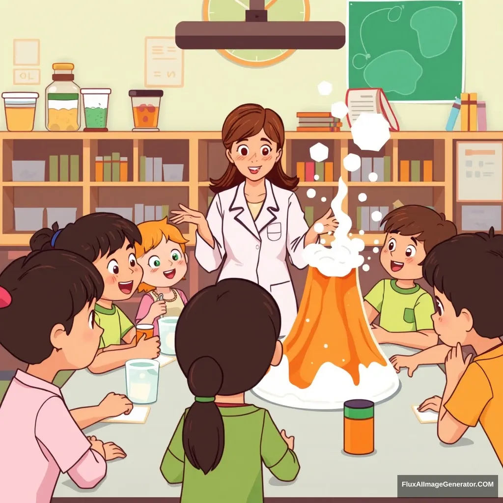 A science classroom where children are conducting an experiment with baking soda and vinegar. The mixture is bubbling and fizzing, and the children are amazed. Each group has made a small volcano model and is watching it erupt. The teacher is guiding them. Animated style suitable for children. - Image