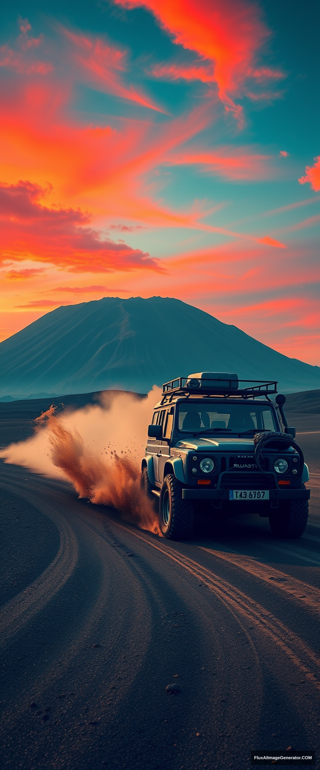 Create a wall-paint illustration of rough strokes, muted colors, a Navy-Blue "Daihatsu" Rugger 80s adventure car (accurately) crossing on black-greyish sand, creating splashing sands everywhere. Setting of Mount Bromo, East Java, Indonesia. Dust, sunset. Red blue sky. Dramatic.