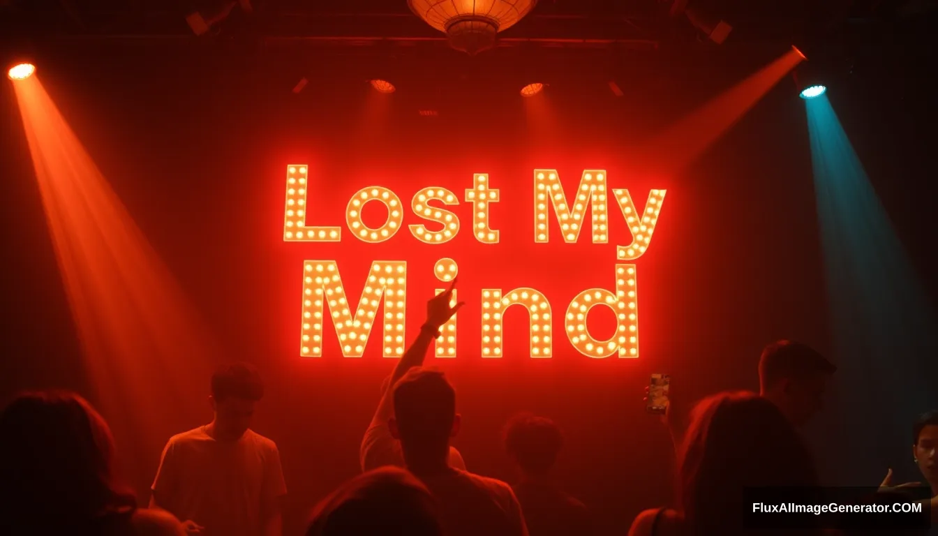 Lost my mind in the club, people dancing, glowing 3D text saying "Lost My Mind". - Image