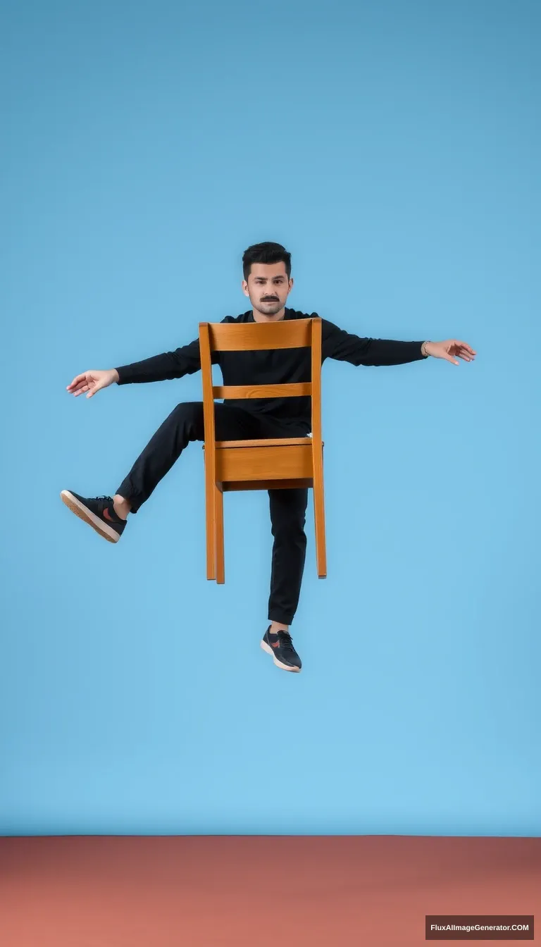 A guy balances a chair on all four legs at the same time. - Image