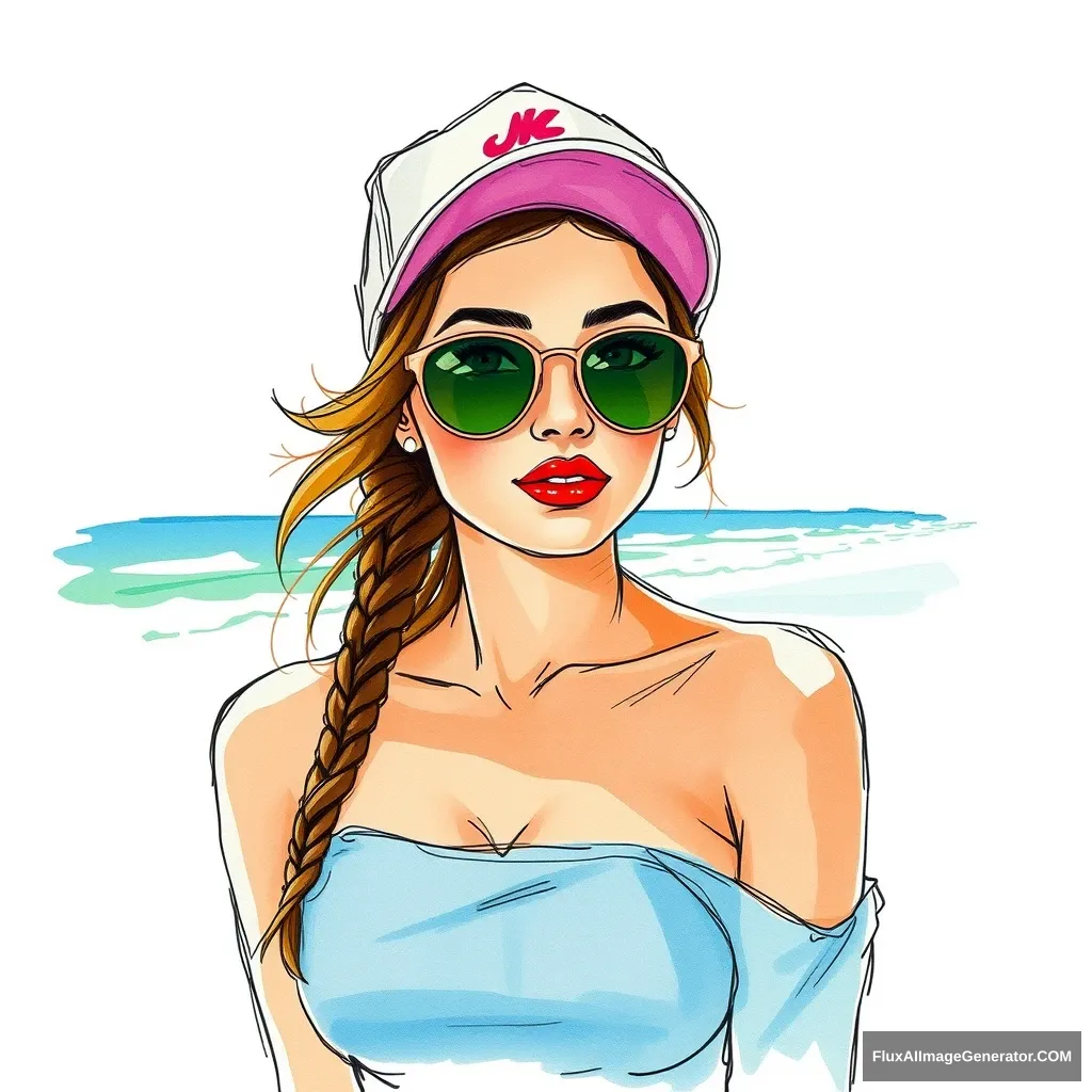 A rough sketch with bright colors of a pinup woman with a calm expression on the beach. She should be depicted wearing a casual cap and round sunglasses. The sketch is on thick textured paper, using watercolor in the style of Chien Chung Wei, featuring line art drawing and rough gesture sketch in a single line by Heinrich Kley & Julie Bell. - Image