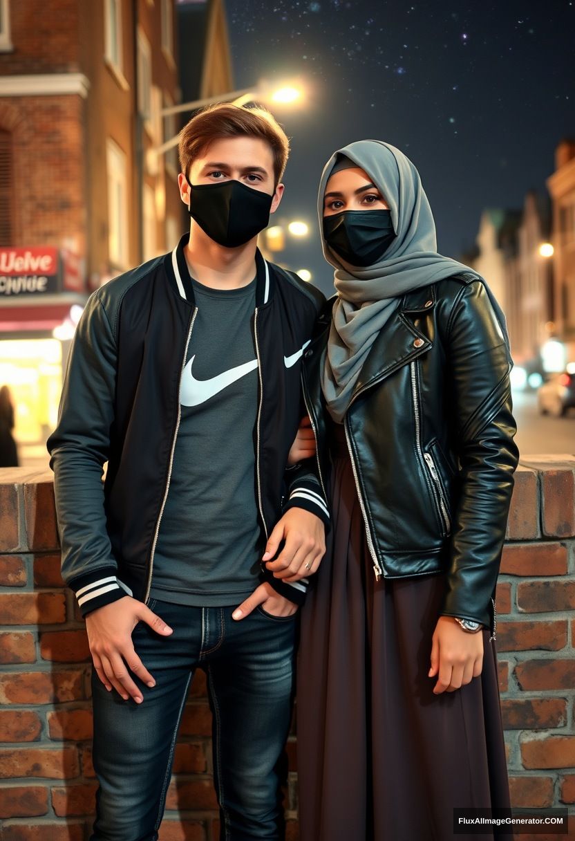 Jamie Dornan, youngest, black face mask, collage jacket, Nike t-shirt, jeans, tall man, fit body,

Dating, love with a big grey hijab Muslim girl, beautiful eyes, black face mask, leather jacket, largest longest skirt, slim, not tall girl, love holding his arm,

Standing at a brick wall, spoiler, in town, night scenery, Milky Way, hyper-realistic, photorealistic, selfie.