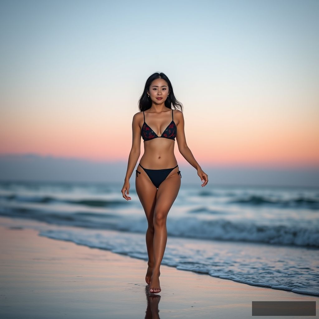 A woman in a swimsuit walking by the sea, beach, twilight, Chinese, mini bikini.