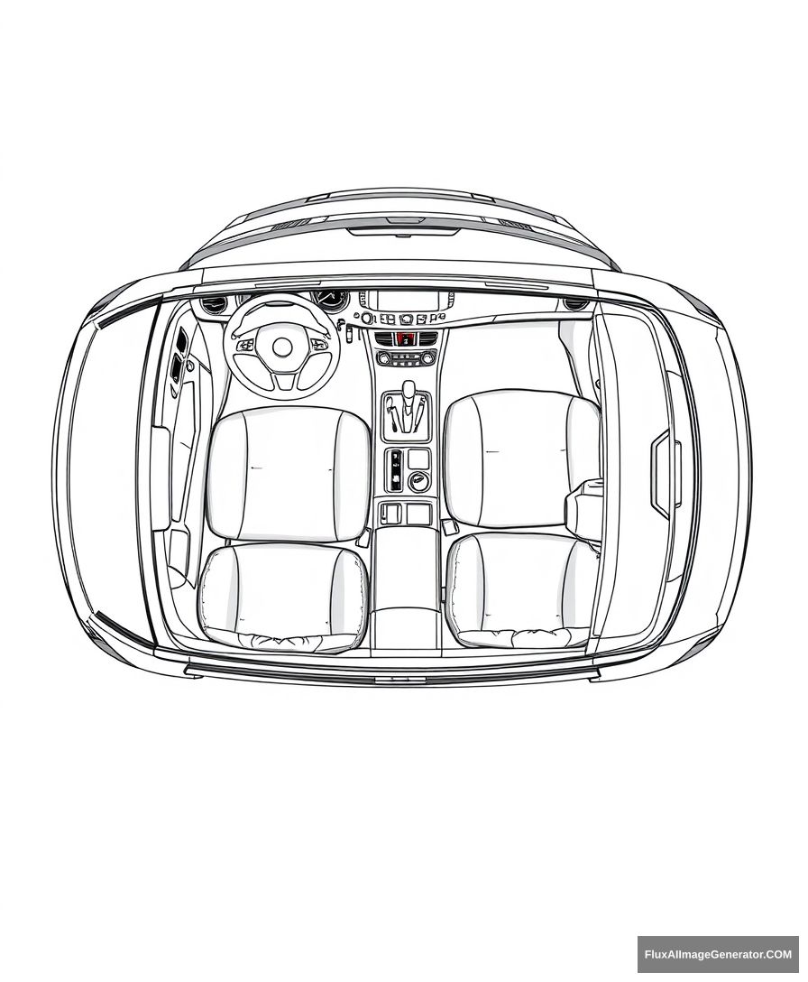 Create a detailed black and white top-down sketch of a car's interior. The sketch should include the following elements:

Dashboard:

Show the layout of the dashboard, including the steering wheel and instrument cluster.
Seats:

Illustrate the driver’s seat and passenger seats with their relative positions.
Center Console:

Depict the center console area between the front seats.
Doors:

Include the door panels for both the driver and passenger sides.
Trunk Area:

Show the trunk space at the rear of the car.
Windows:

Outline the windows on all sides of the car.
General Wiring Paths:

Indicate general paths for wiring without specific labels.
Control Central Unit:

Depict the control central unit installed under the dashboard or in the central console area.
Objective:
The sketch should provide a clear, black and white representation of the car's interior layout, including the control central unit, without any labels or descriptions. - Image