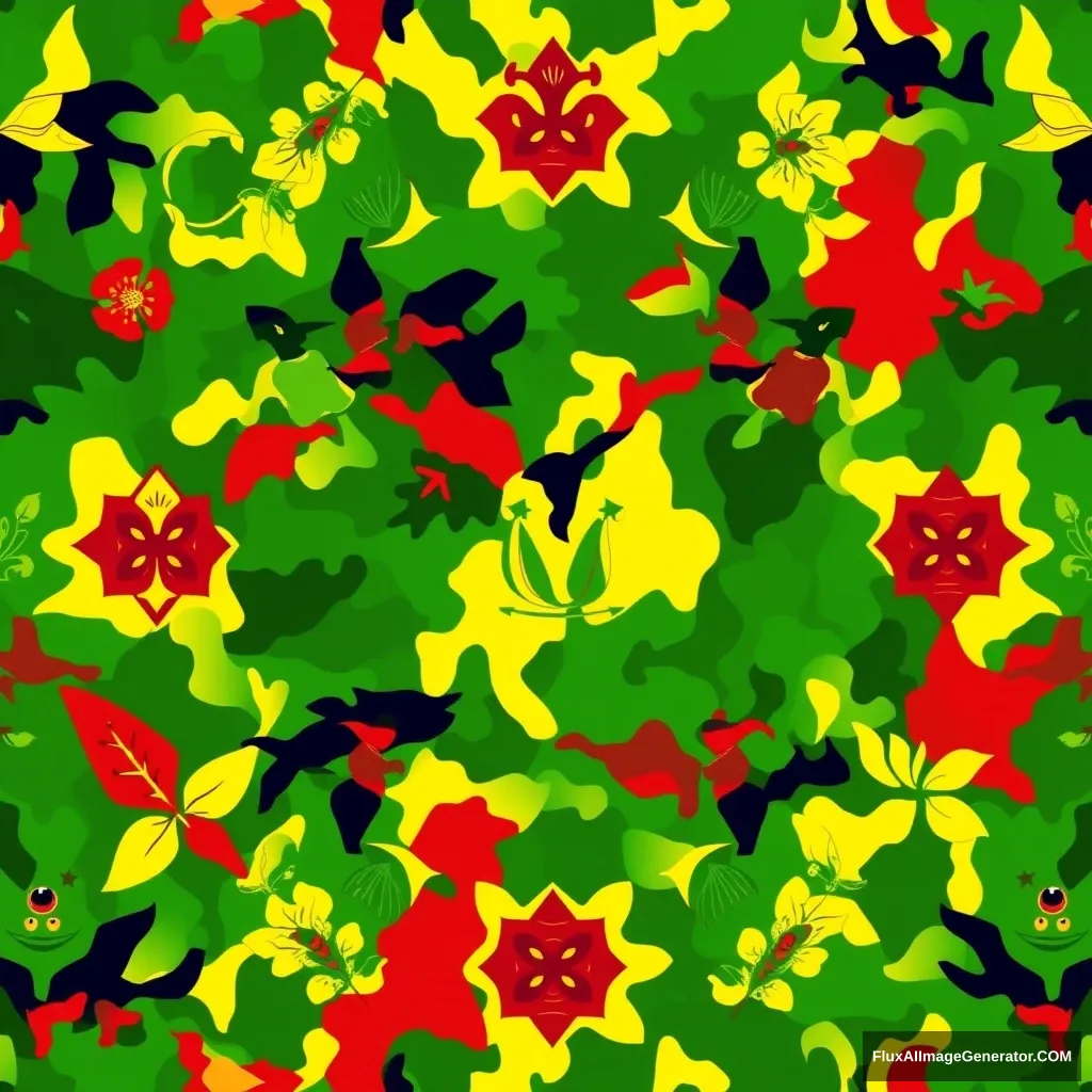 A captivating and vibrant conceptual art piece that seamlessly blends elements of Haitian culture with a camouflage pattern. The artwork features bright and bold colors, including shades of green, red, and yellow. Intricate patterns incorporate traditional Haitian motifs such as Vodou symbols and Caribbean flora and fauna. The overall design creates a unique and eye-catching camouflage pattern that can be utilized for various design purposes, such as illustrations, paintings, posters, and cinematic backdrops. Illustration, poster, conceptual art, painting, vibrant, cinematic.