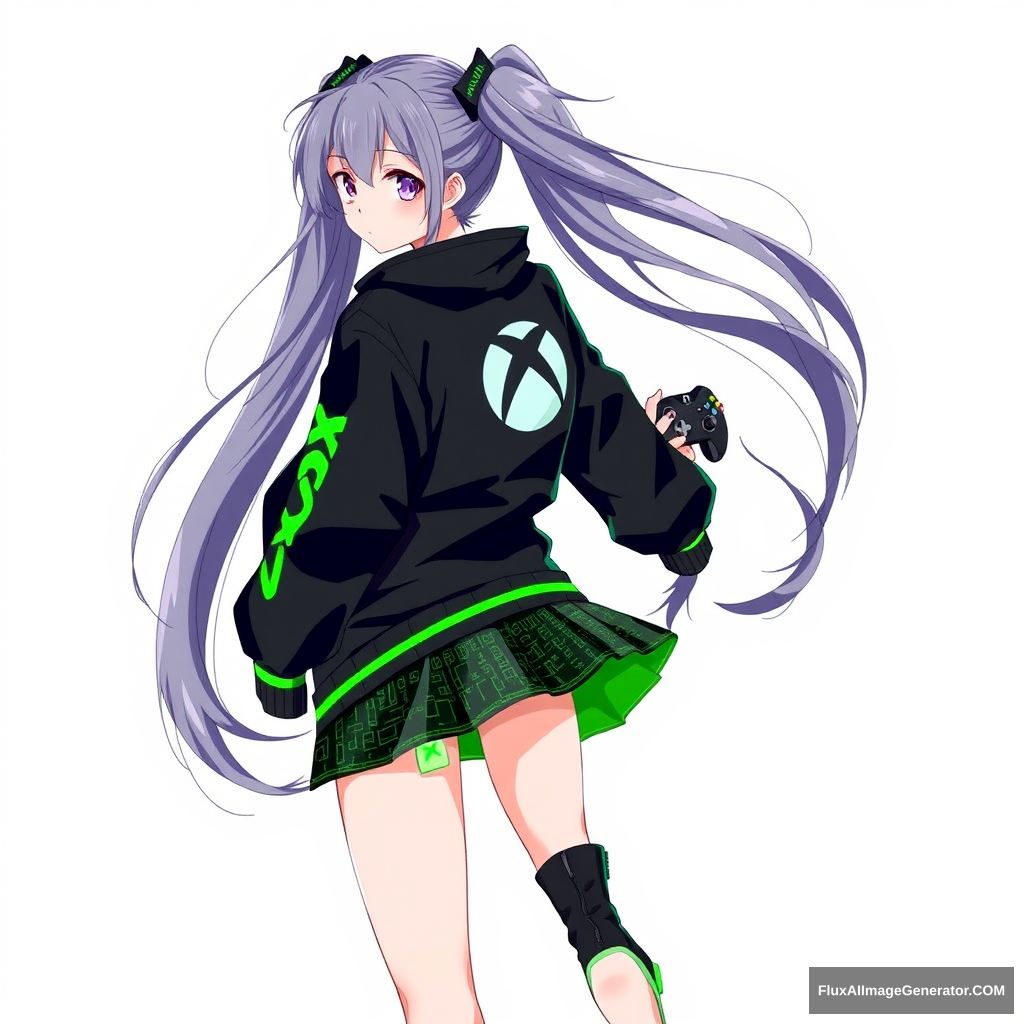 anime girl with long, flowing hair, styled in twin tails, wearing a stylish outfit inspired by Xbox. Her jacket is sleek, black, and green with the iconic Xbox logo on the back. The sleeves have neon-green stripes, and the jacket is slightly oversized, giving it a trendy, streetwear vibe. She wears a matching skirt with a digital pattern resembling an Xbox controller's buttons. Her shoes are high-top sneakers with a glowing green accent. She's holding an Xbox controller