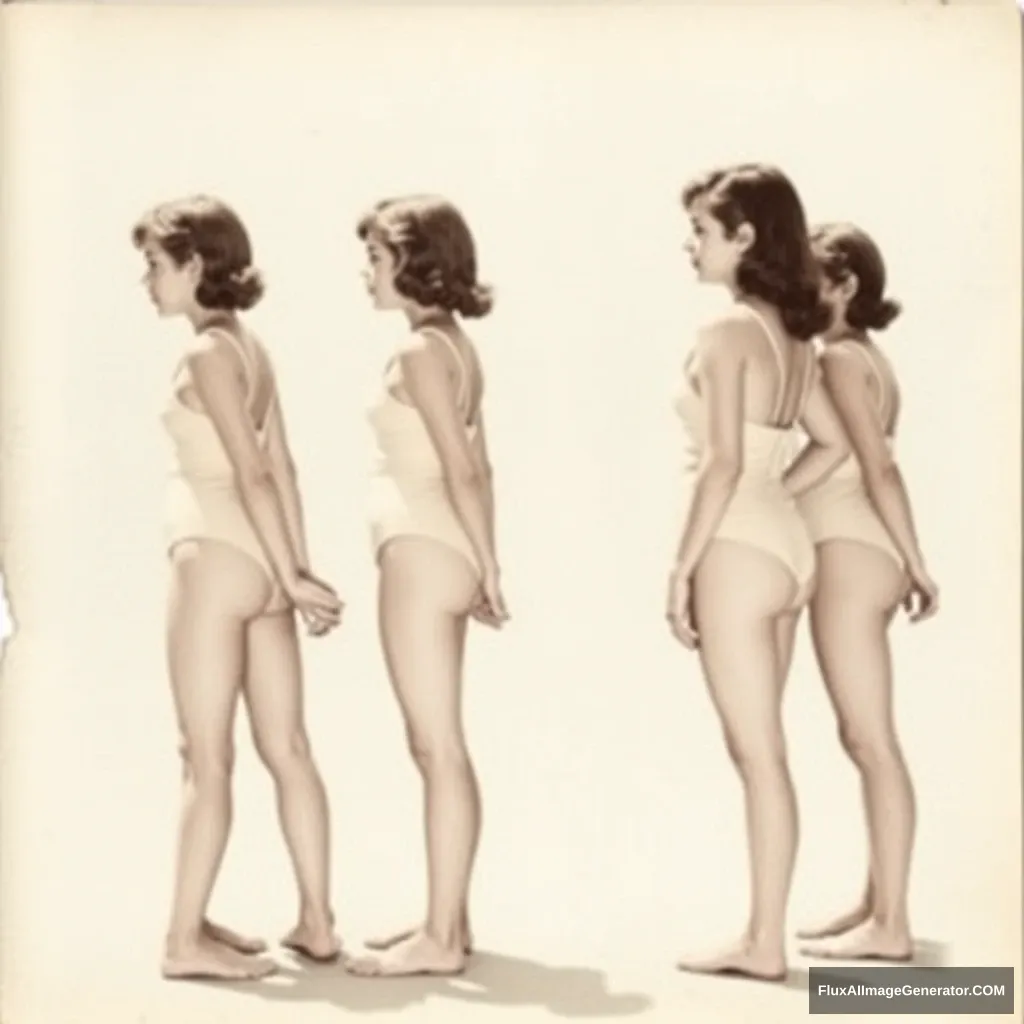 Five girls. Standing up. Facing sideways. Wearing two-piece bathing suits.