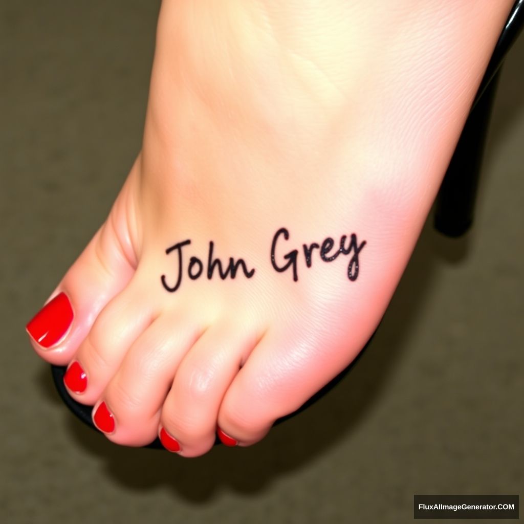 A woman's foot with the name "John Greg" on it. She is wearing black heels and her toenails are painted red.