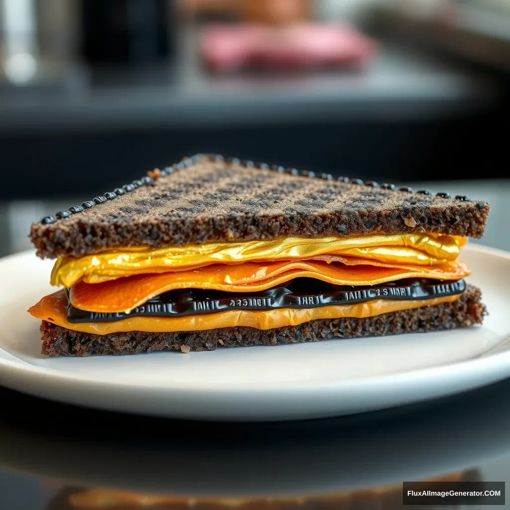 Black gold sandwich, triangular shape, right side view, three layers.