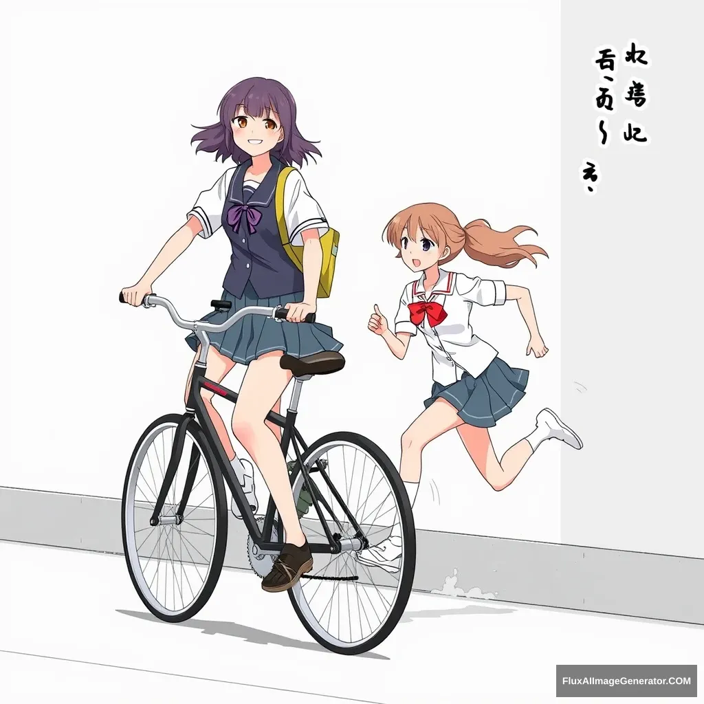 "A female student rides a bicycle in a short skirt, while another girl runs behind trying to catch up, with Chinese characters or Japanese."