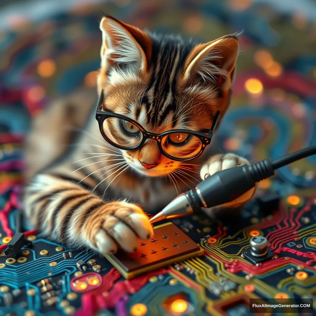 A mischievous tabby cat, wearing tiny spectacles, meticulously solders a circuit board with an iron. Vibrant threads weave intricate patterns, mimicking electronic pathways. Warm lighting. Delicate French knots form components. Style: Hyper-realistic embroidery art, blending traditional craftsmanship with modern technology. - Image