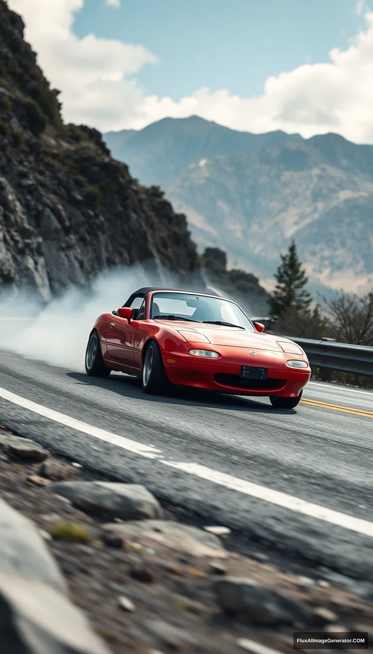 Create an image of a red 1991 Mazda MX-5 drifting on a mountain road.