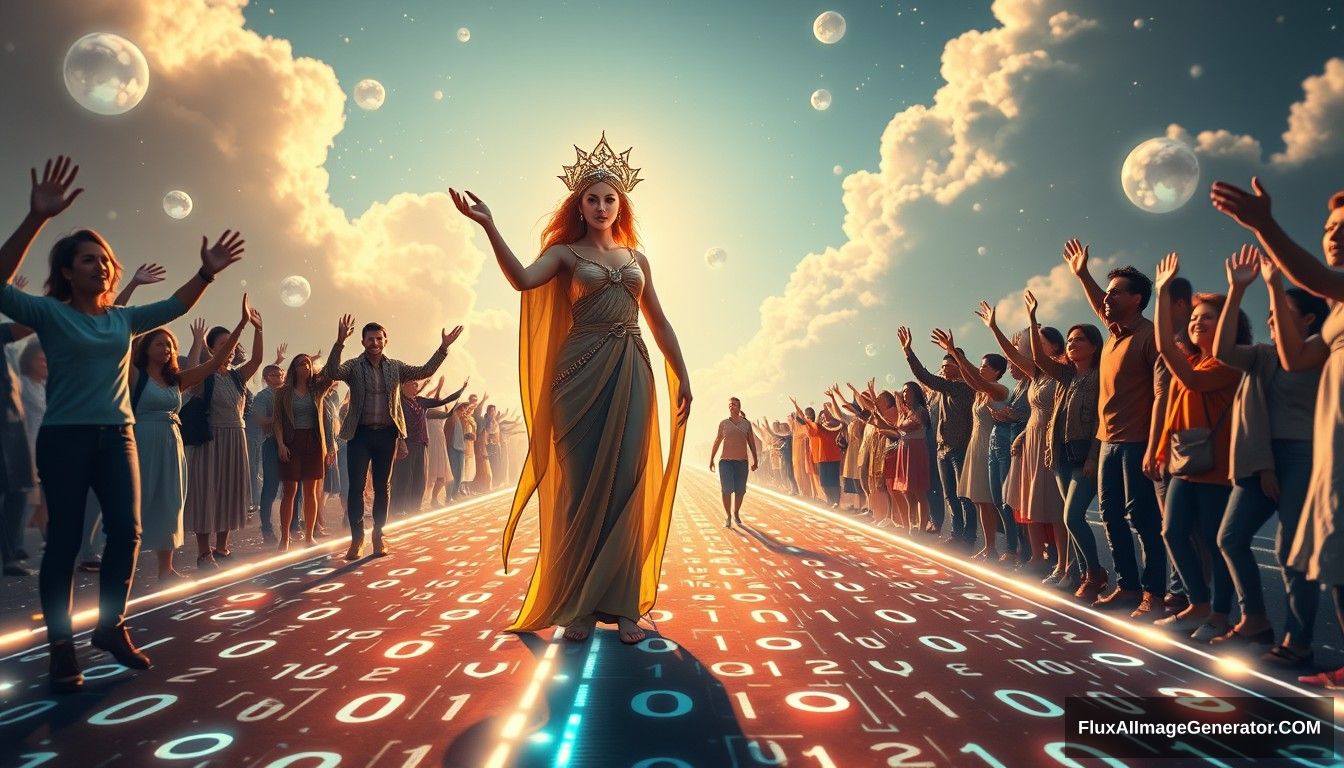 Photorealistic, Instagram-style image featuring a bright and hopeful scene depicting the concept of blockchain and decentralization. The scene is captured from a distant, wide-angle perspective, showcasing its grand scale. In the foreground, a futuristic and sci-fi styled goddess symbolizing blockchain and decentralization leads the people towards a bright future. She stands on a digital road made of glowing lines and various random characters, including 0s and 1s, symbolizing the path of digitalization. Light shines from the front, illuminating the goddess and casting a warm, hopeful glow over the entire scene. She is surrounded by families and individuals of predominantly European descent who are joyous and supportive, reaching out their hands towards the goddess, symbolizing their desire to follow her. The background is filled with elements that evoke a sense of hope and optimism. The overall aesthetic is vibrant and polished, with a modern Instagram filter applied to enhance colors and contrast. - Image