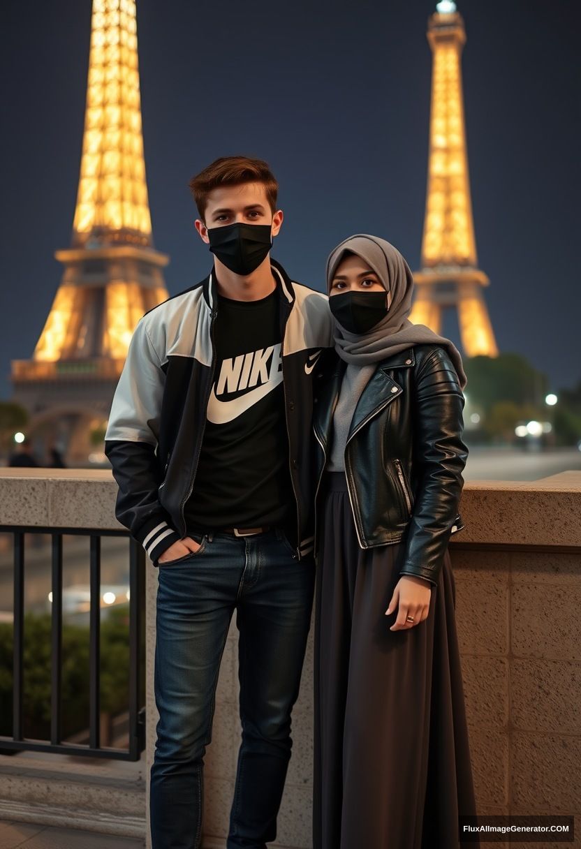 Jamie Dornan, youngest, black face mask, collage jacket, Nike t-shirt, jeans, tall man, fit body,

Dating, love with the biggest grey hijab Muslim girl, beautiful eyes, black face mask, leather jacket, biggest longest skirt, cute short girl,

standing at the wall, Eiffel Tower, night scenery, hyper-realistic, photorealistic, street photography. - Image