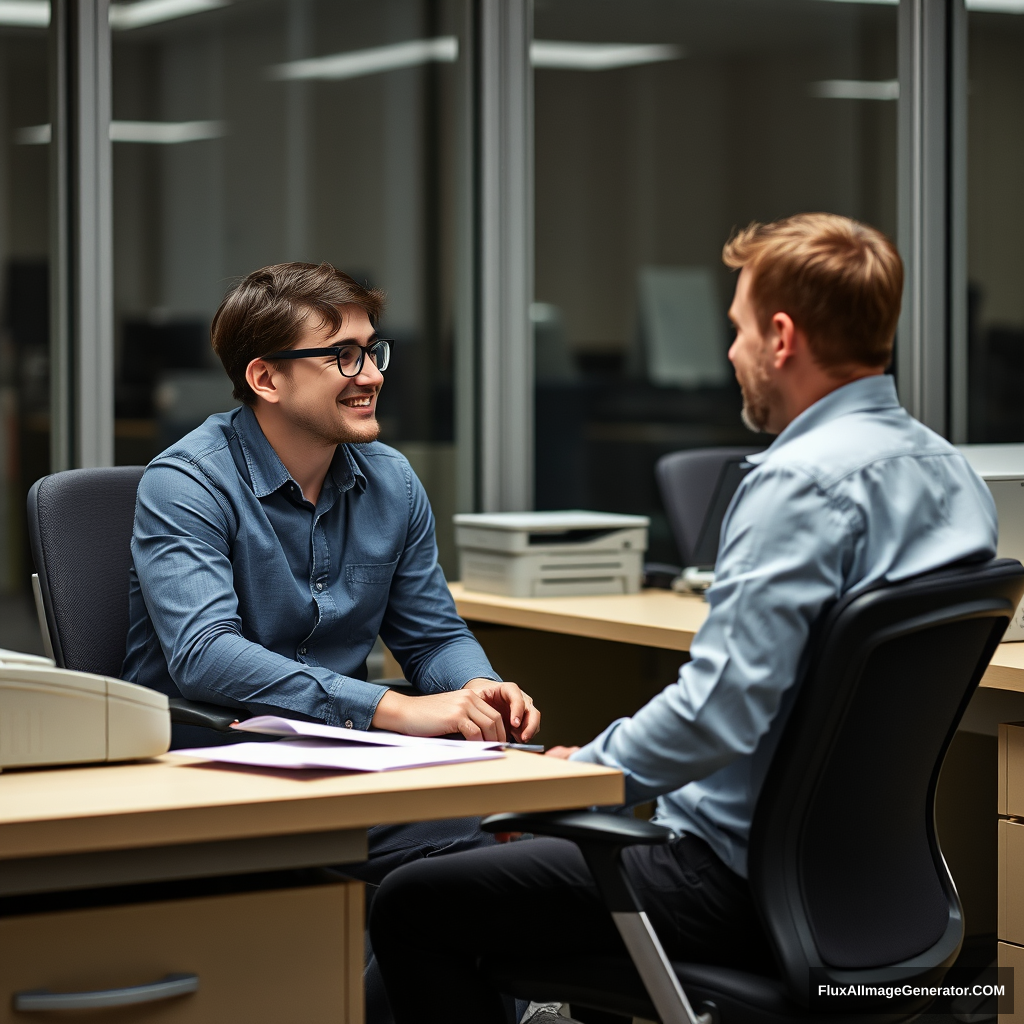 They're chatting at work.  
a chair under a desk  
wearing his glasses  
copy machine  