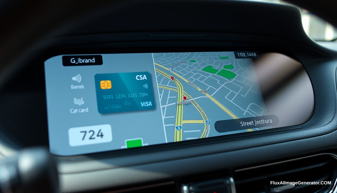 The car's screen displays the bank card and digital map like an interactive map, with detailed road information on both sides. The top left corner shows "G_brand" data and the bottom right displays the street name. It has a gray background color and high-definition resolution. In close-up shots, the entire display can be seen inside the vehicle, with clear details and bright colors.