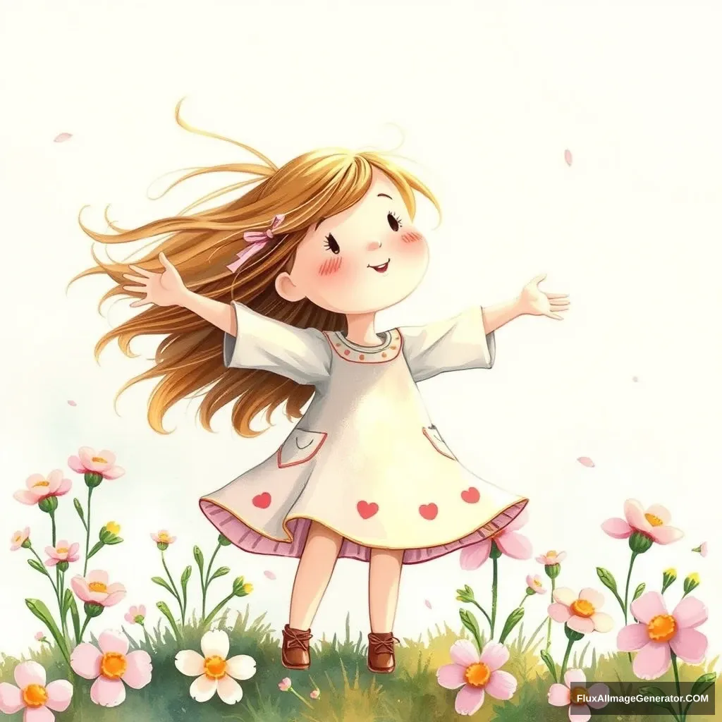 Children's book illustration, a little girl opens her arms, standing in the wind, with the wind blowing her long hair, surrounded by blooming flowers. - Image