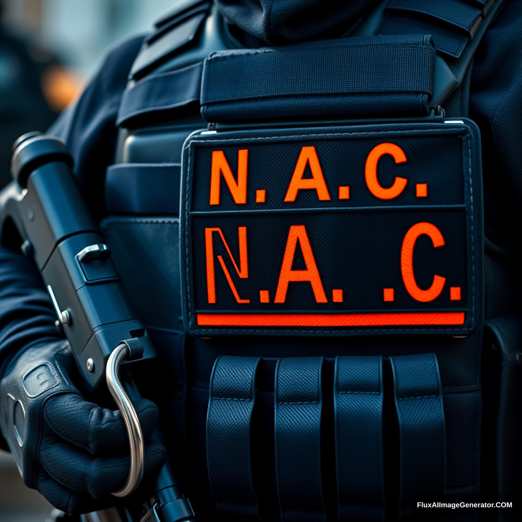 A soldier in black gear with a black and orange inscription N.A.C. on his vest is wearing handcuffs. - Image