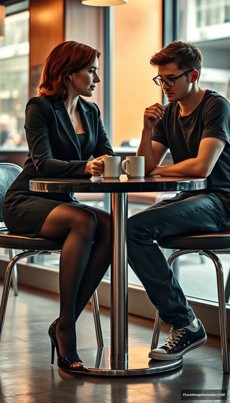 Cinematic Style. A woman and a man are sitting at a table in a bar, having coffee. The woman is in her mid-30s, has red hair, her mouth closed, wearing business attire, black pantyhose, and open-toe high heels. She looks at the man with a sense of superiority. The man is a 20-year-old shy skinny man, wearing glasses, jeans, a T-shirt, and tennis shoes. The shot is taken from the side, from a distance of at least 5 meters, so that both of their figures are visible. The woman is looking at the man. The table has one metallic leg in the middle. The woman and the man are sitting on opposite sides, facing each other. The man is looking down at the table. The woman is looking at the man. | Cinematic | worm’s eye view. - Image