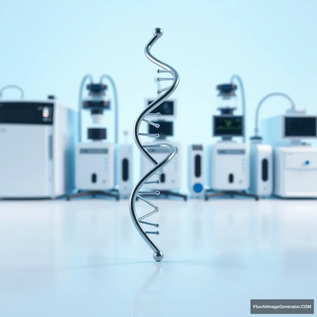 A DNA helix in front of a row of scientific equipment on a soft white-blue background with sharp focus and perspective, product photography, C4D, the overall aesthetic conveys an innovative and technologically savvy medical brand in the style of scientific equipment. - Image