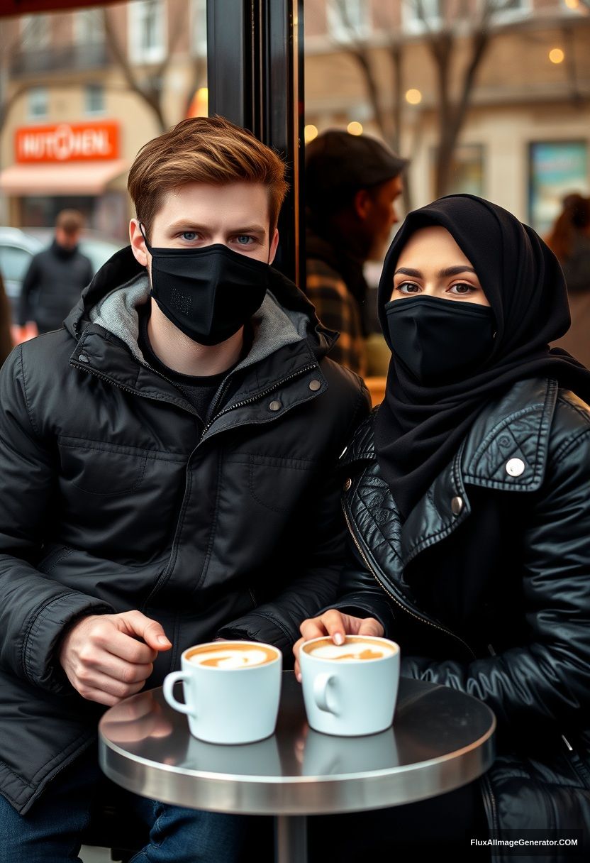 Jamie Dornan, handsome, young, black face mask, snow jacket, jeans, dating a beautiful Muslim girl in a black hijab with beautiful eyes, wearing a black face mask and a black leather jacket, in a winter setting, sitting in a café near a glass window in town, with two cups of hot chocolate, on a gloomy day, photorealistic, street photography. - Image