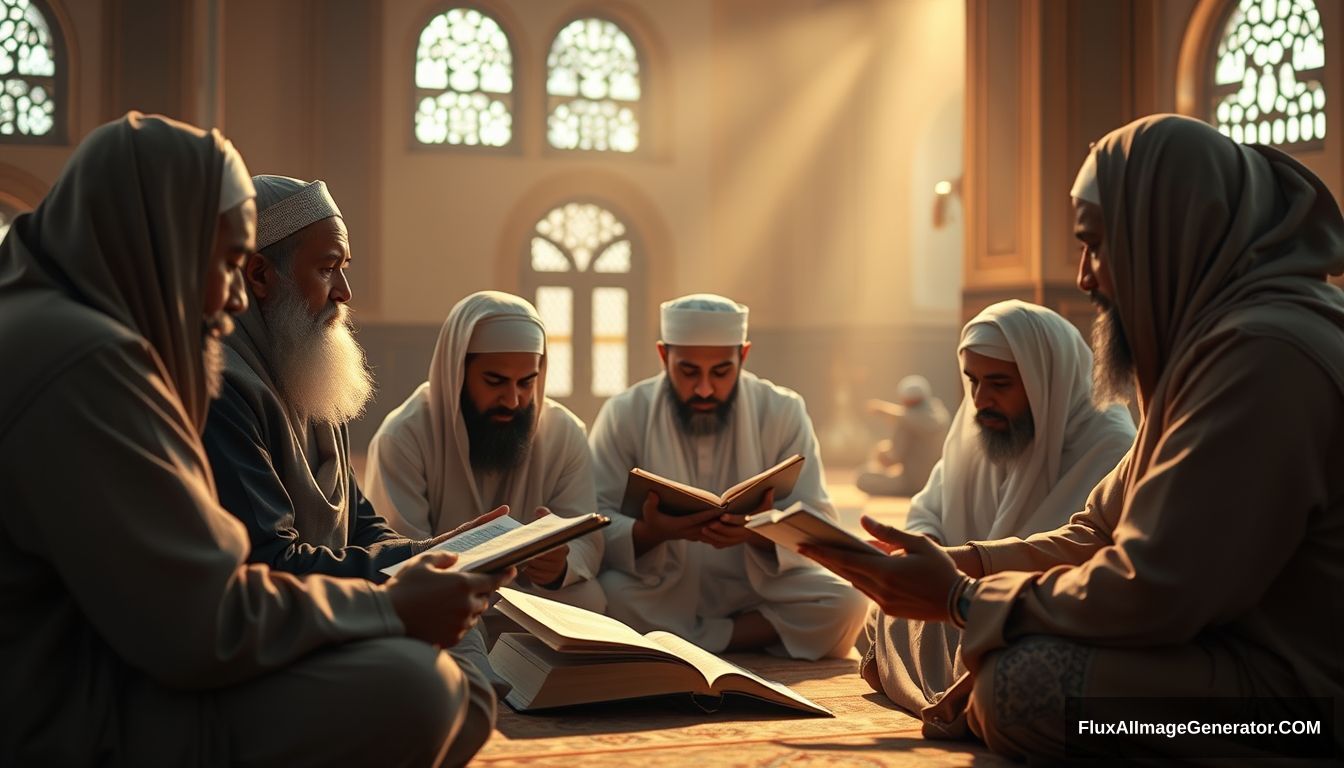 A group of Muslims earnestly studying and discussing the teachings, set in a tranquil and scholarly environment. Ultra HD, realistic, with warm and cinematic lighting. - Image