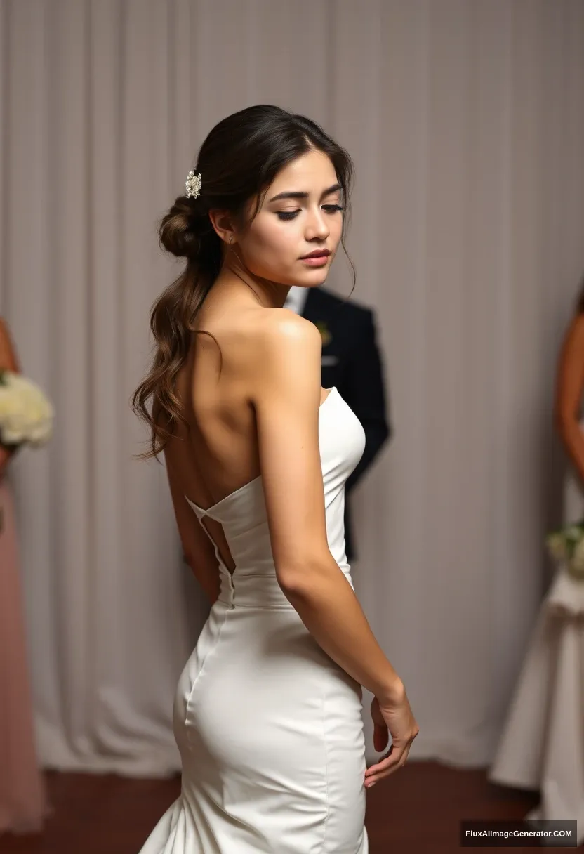 A short young woman, sensitive, delicate, ashamed, wearing a backless, strapless, side-less, low-waisted, contouring wedding dress, standing in front of patriarchy and expectations.