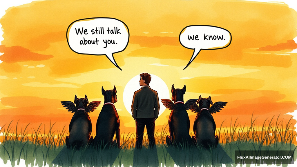 Messy hand drawn watercolor illustration: male figure in meadow at golden hour, silhouetted against vibrant sunset sky. 3 winged canine Doberman companions sat beside, facing away from the viewer. Speech bubbles float above: "We still talk about you" (person), "we know" (dog). Nostalgic atmosphere, brushstrokes convey wistful longing.