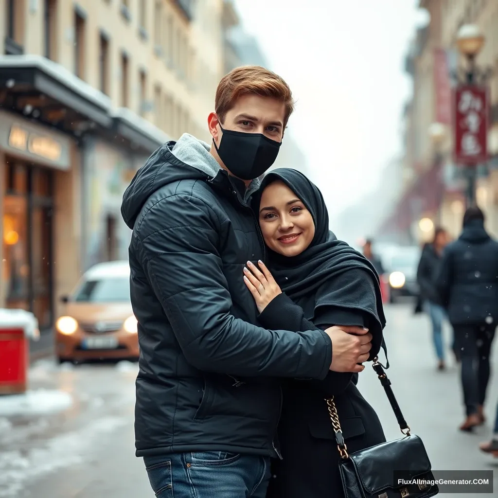 Jamie Dornan's head and body shot, handsome, young, face mask black, snow jacket, jeans, dating love hug with the biggest black hijab Muslim girl, beautiful eyes, face mask black, snow jacket, winter scenery, walk together in town, hyper-realistic, street photography.